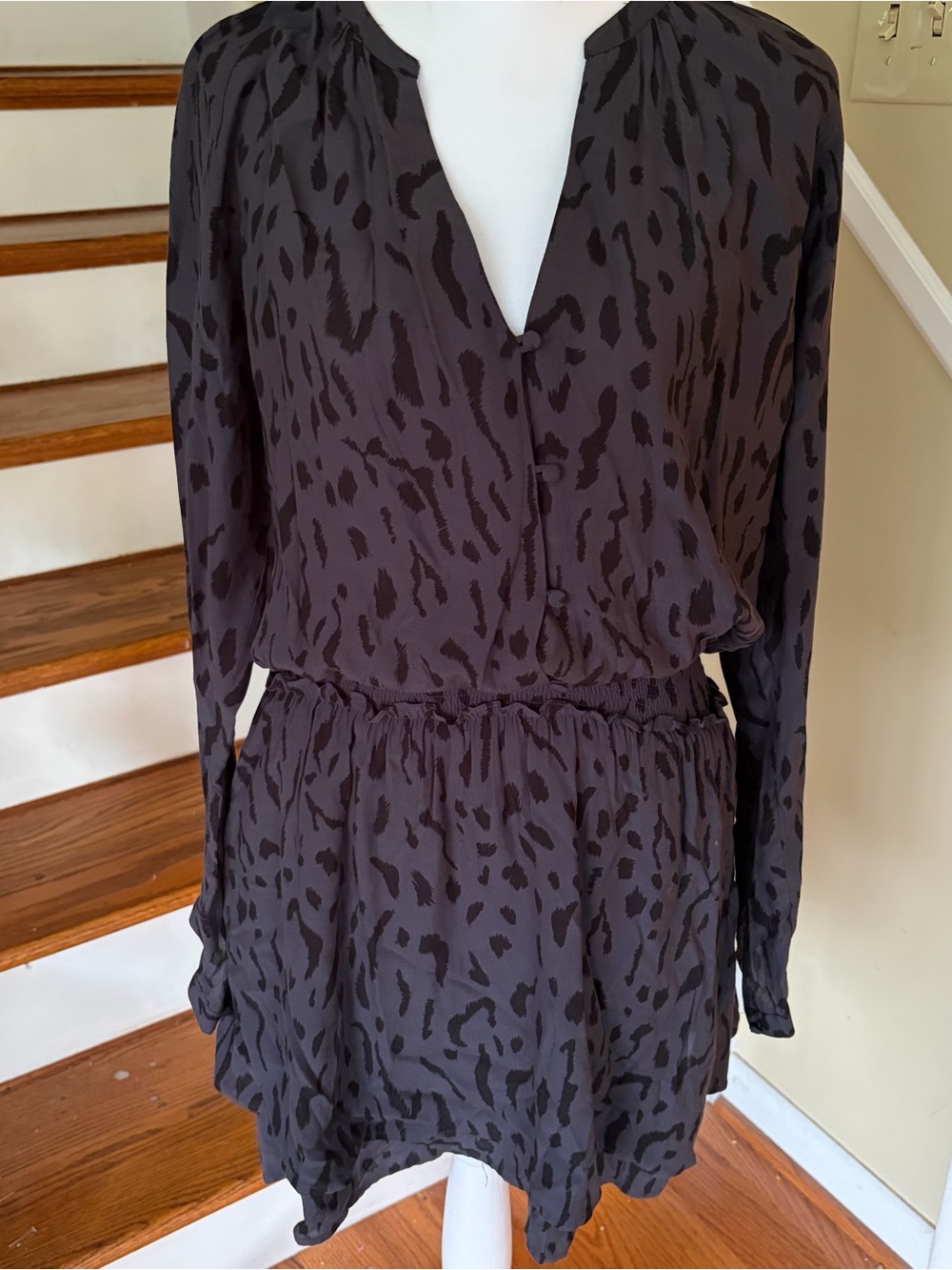 Rails Jasmine Dress S Ash Cheetah Smocked Mini LS Gothic Romantic Dark Feminine